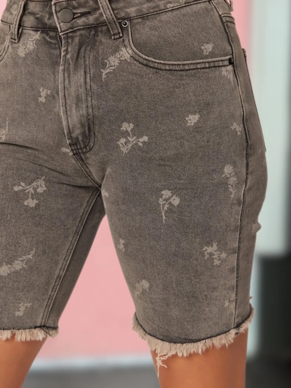 bohme Charcoal Gray Floral Print Denim Shorts